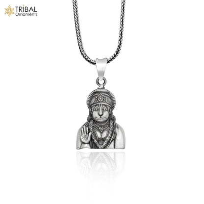 925 sterling silver Lord Hanuman Ji pendant with chain, tribal jewelry style, detailed divine figure in traditional design.