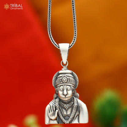 925 sterling silver Lord Hanuman Ji pendant with chain, tribal jewelry style, detailed divine Hanuman figure.