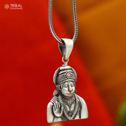 925 sterling silver Lord Hanuman Ji pendant with chain, tribal jewelry featuring detailed divine Hanuman design.