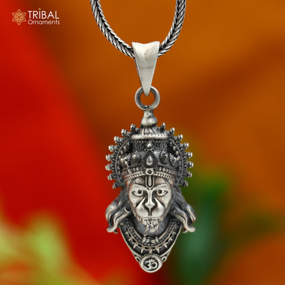 925 sterling silver Lord Hanuman Ji pendant with chain, tribal jewelry style, detailed Hindu deity design.