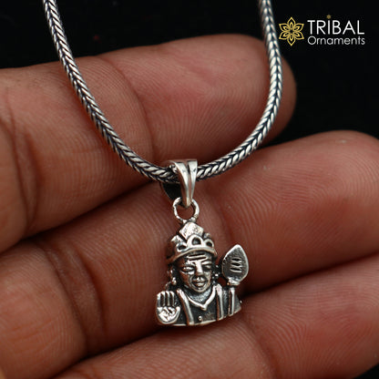 Sterling silver Lord Kartikeya pendant with chain, tribal jewelry design, crafted by TRIBAL ORNAMENTS, featuring detailed religious motifs.