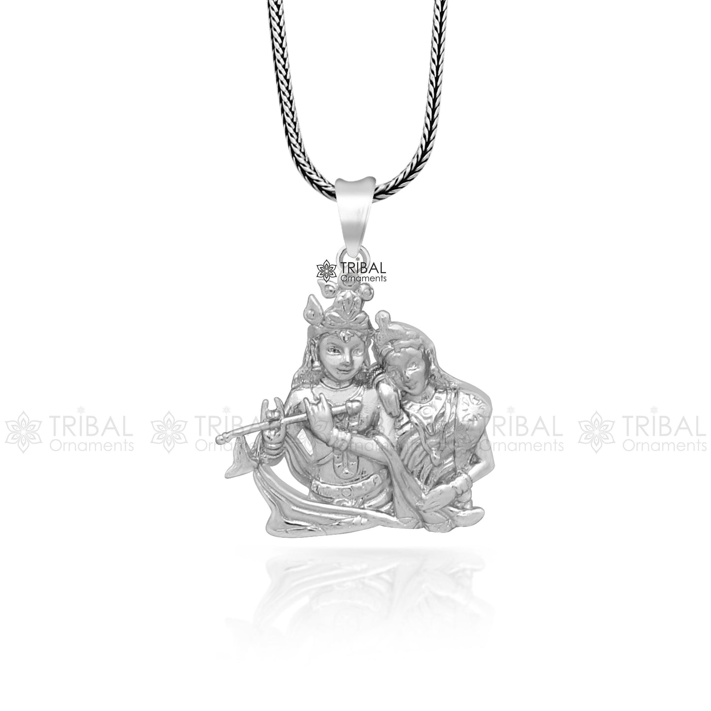 925 sterling silver Lord Krishna and Radha pendant, tribal jewelry divine locket featuring intricate design and traditional craftsmanship.