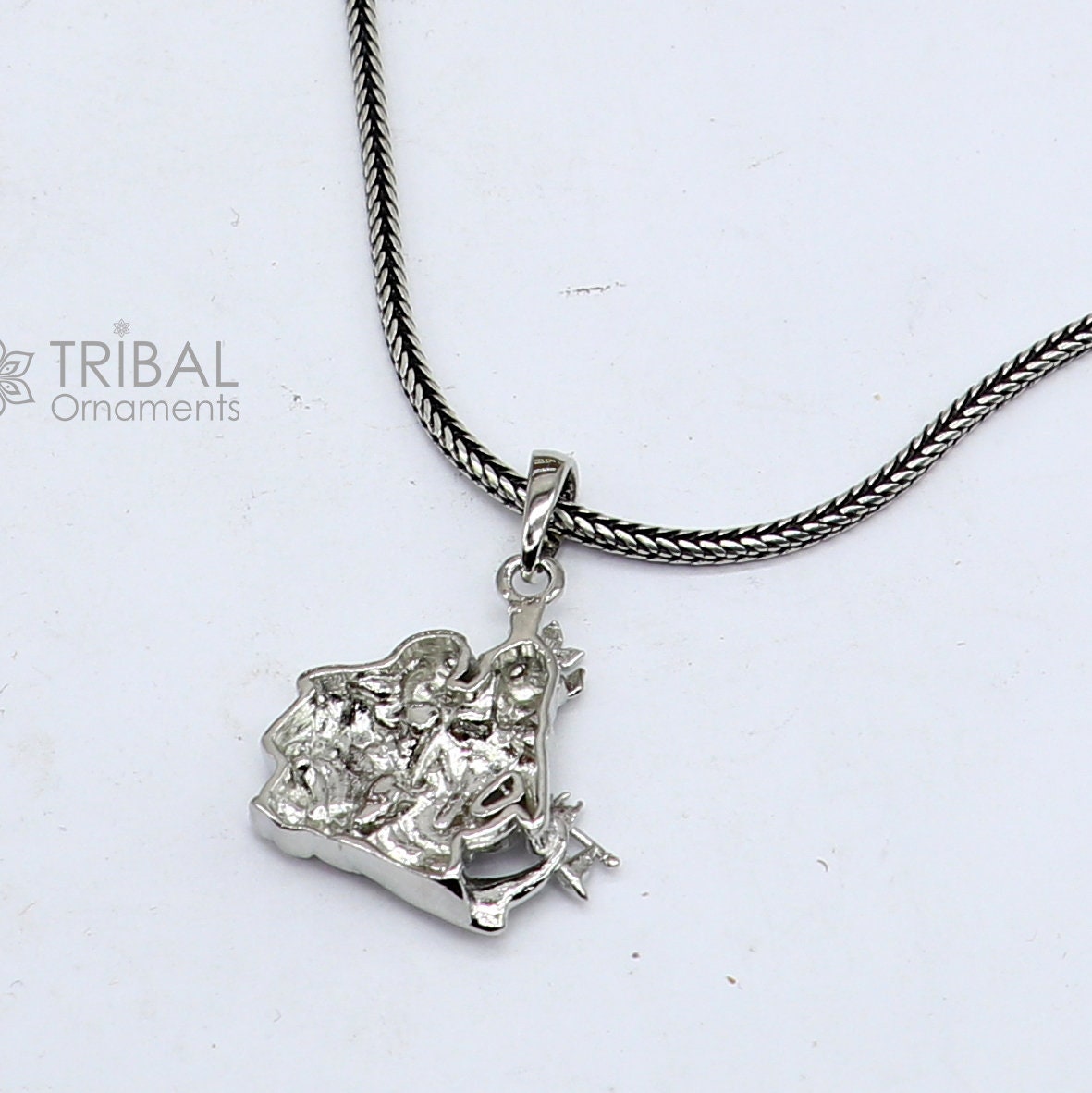 925 sterling silver Lord Krishna and Radha pendant, tribal jewelry divine locket featuring intricate tribal design.