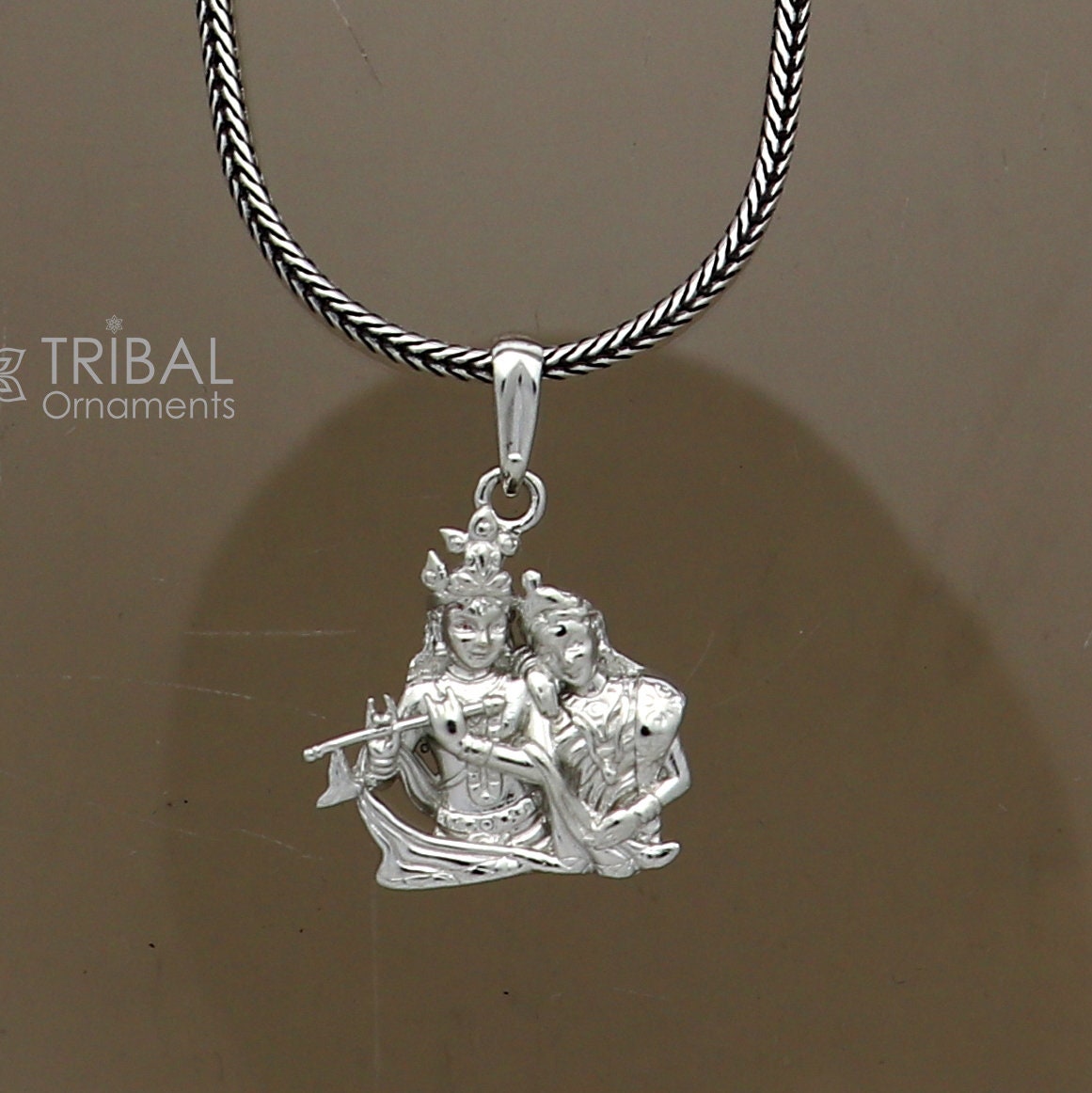 925 sterling silver Lord Krishna and Radha pendant, tribal jewelry divine locket with intricate design and spiritual symbolism.