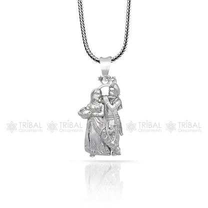 925 sterling silver Lord Krishna and Radha pendant featuring tribal design, showcasing intricate divine jewelry craftsmanship.