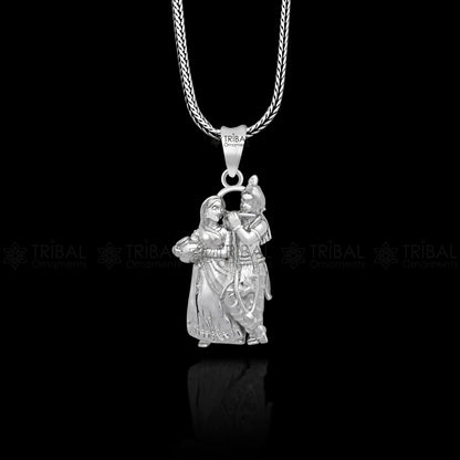925 sterling silver Lord Krishna and Radha pendant featuring tribal design, showcasing intricate divine jewelry craftsmanship.