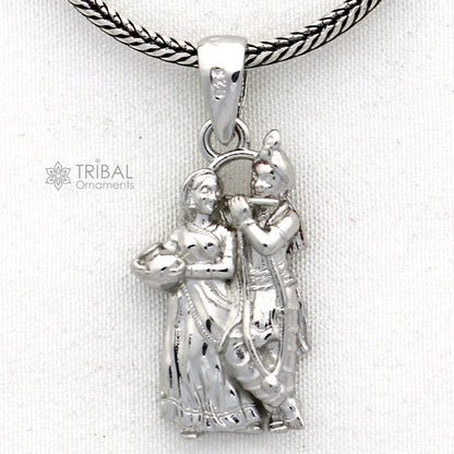 925 sterling silver Lord Krishna and Radha pendant, tribal jewelry featuring intricate divine deity design and detailed craftsmanship.