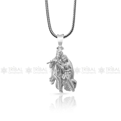 925 sterling silver Lord Krishna and Radha tribal pendant necklace, detailed divine jewelry featuring Krishna and Radha figures.