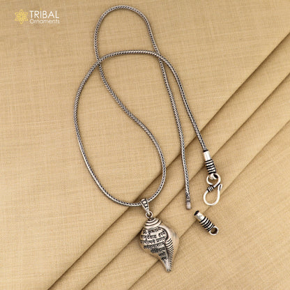 925 Sterling silver Lord Krishna mantra Shankha pendant, tribal ethnic jewelry with intricate designs and traditional craftsmanship.