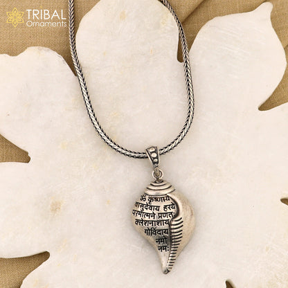 Sterling silver Lord Krishna mantra Shankha pendant from Tribal Ornaments, featuring tribal ethnic jewelry design and intricate craftsmanship.