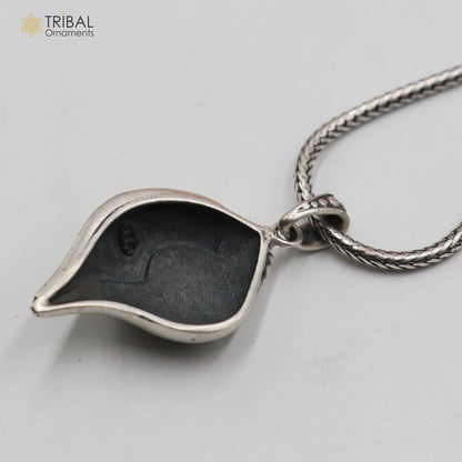 925 Sterling silver Lord Krishna mantra Shankha pendant, tribal ethnic jewelry with intricate design and sacred religious symbols.