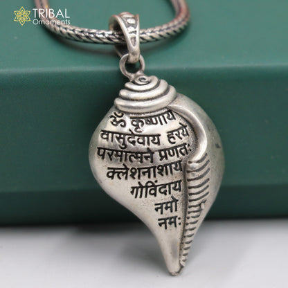 Sterling silver Lord Krishna mantra Shankha pendant featuring tribal ethnic design, crafted by TRIBAL ORNAMENTS.