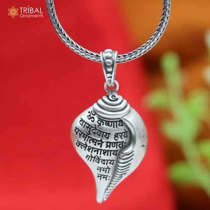 925 Sterling silver Lord Krishna mantra Shankha pendant, tribal ethnic jewelry with intricate design and traditional craftsmanship.