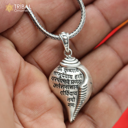 925 Sterling silver Lord Krishna mantra Shankha pendant with tribal ethnic design, showcasing intricate craftsmanship.