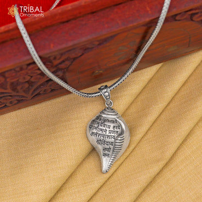 Sterling silver Lord Krishna mantra Shankha pendant from Tribal Ornaments featuring tribal ethnic jewelry design.