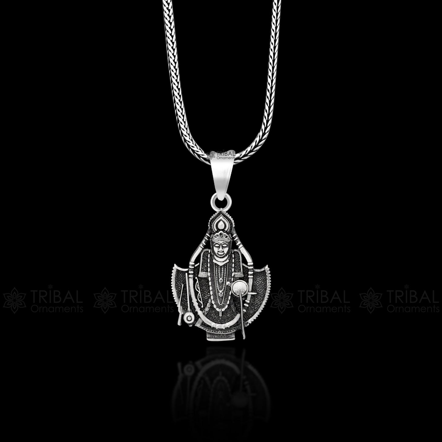 925 sterling silver Lord Krishna pendant jewelry, tribal design featuring divine Shreenath Ji, intricate and detailed tribal ornament.