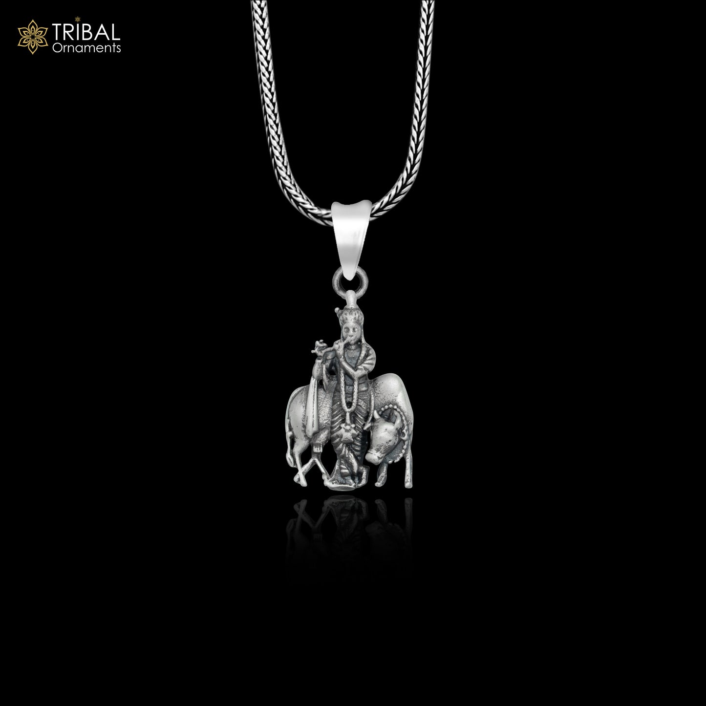 925 sterling silver lord Krishna with cow Pendant  with chain tribal jewellery nsp1033 - TRIBAL ORNAMENTS