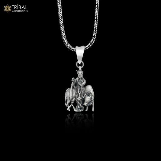 925 sterling silver lord Krishna with cow Pendant  with chain tribal jewellery nsp1033 - TRIBAL ORNAMENTS