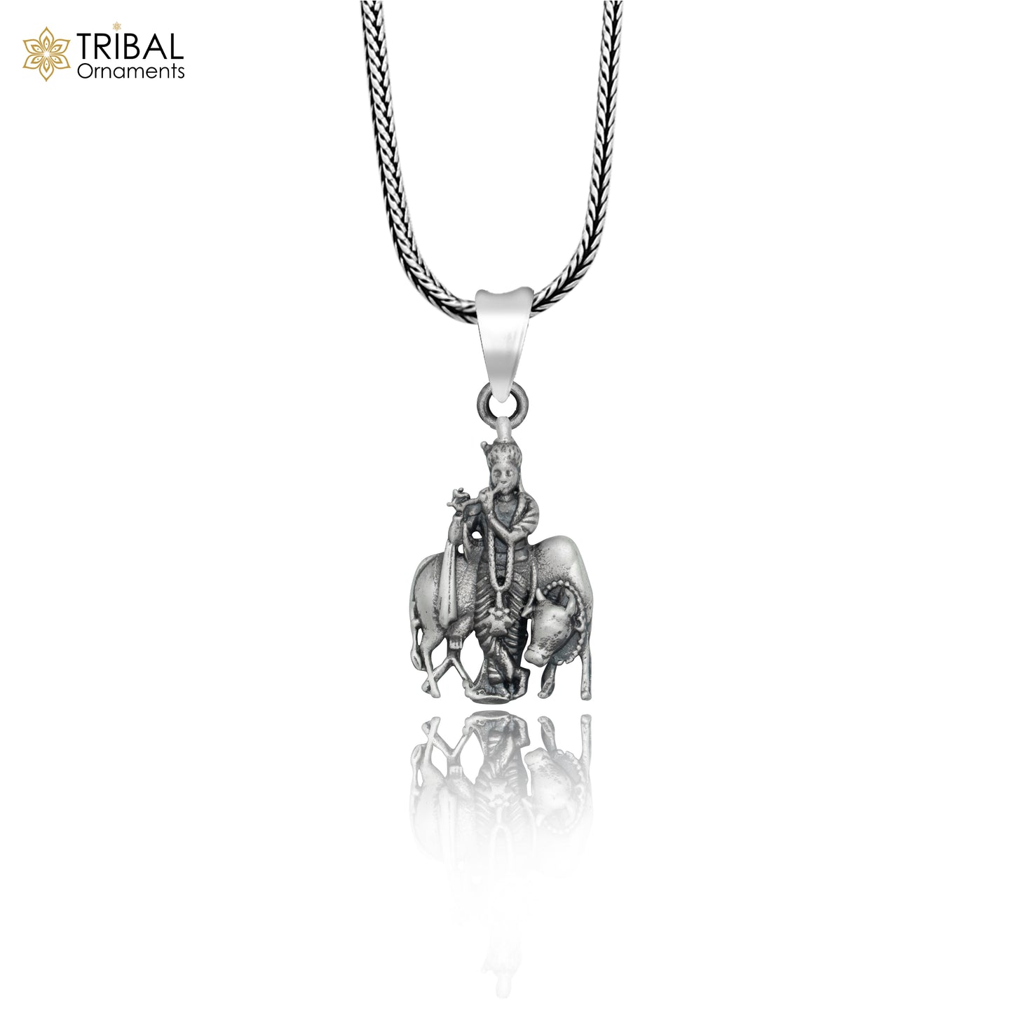 925 sterling silver lord Krishna with cow Pendant  with chain tribal jewellery nsp1033 - TRIBAL ORNAMENTS