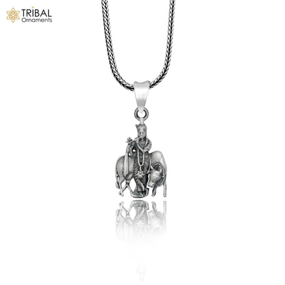 925 sterling silver Lord Krishna with cow pendant on chain, tribal jewellery design, detailed religious figure and traditional craftsmanship