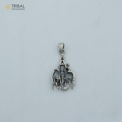 925 sterling silver Lord Krishna with cow pendant on chain, tribal jewelry featuring detailed religious and tribal design elements.