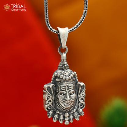 925 sterling silver Lord Mahakal pendant with chain, tribal jewelry design featuring divine deity motif.