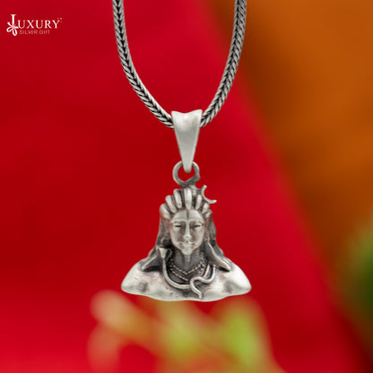 925 sterling silver Lord Mahakal divine pendant with chain, tribal jewelry style, detailed tribal ornament design.