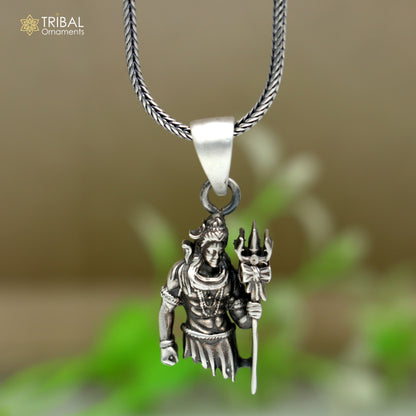 925 sterling silver Lord Mahakal pendant with chain, tribal jewelry featuring intricate design and craftsmanship.