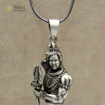 925 sterling silver Lord Mahakal pendant with chain, tribal jewelry design featuring intricate detailing and traditional craftsmanship.