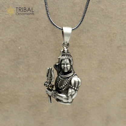 925 sterling silver Lord Mahakal pendant with chain, tribal jewelry design featuring intricate tribal ornament details.