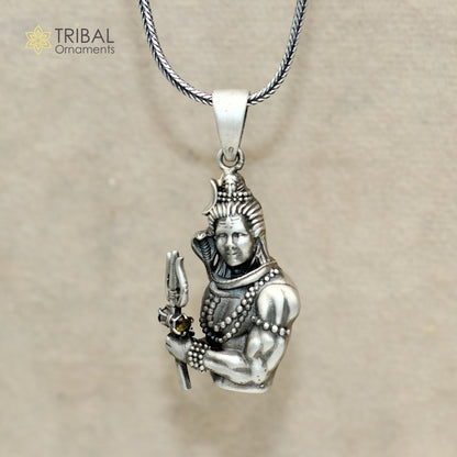 Sterling silver Lord Mahakal pendant with chain, tribal jewelry style, featuring detailed tribal ornament design.
