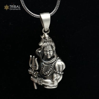925 sterling silver Lord Mahakal pendant with chain, tribal jewelry featuring intricate tribal ornament design.