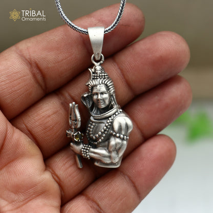 Sterling silver Lord Mahakal pendant with chain, tribal jewelry design by TRIBAL ORNAMENTS, detailed religious pendant image.