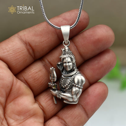 925 sterling silver Lord Mahakal pendant with chain, tribal jewelry design showcasing intricate craftsmanship and religious symbolism.