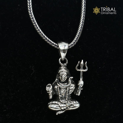 Sterling silver Lord Mahakal pendant with chain, tribal jewelry design, featuring intricate tribal ornament details.