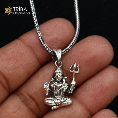 925 sterling silver Lord Mahakal pendant with chain, tribal jewelry featuring intricate tribal ornament design.