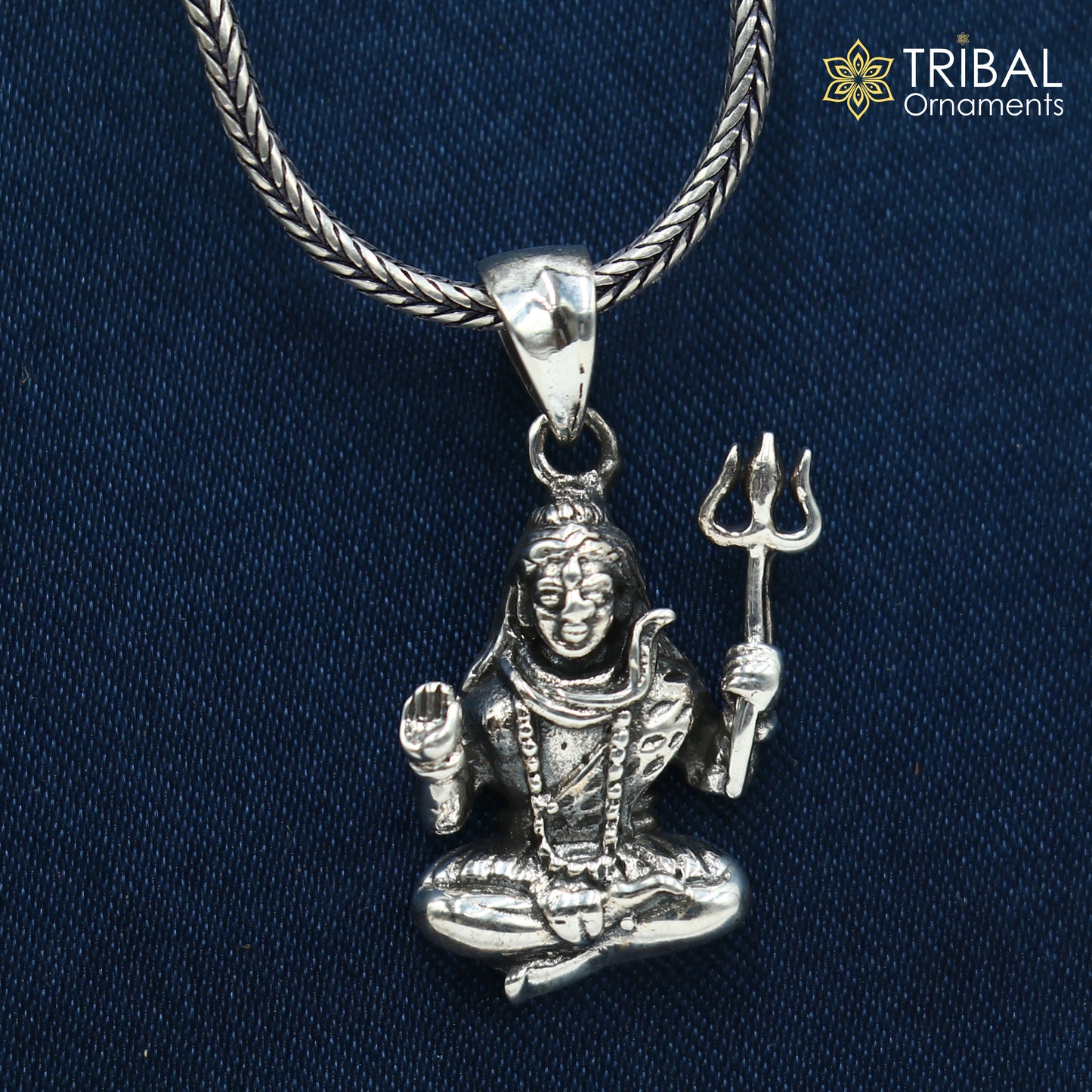 925 sterling silver Lord Mahakal pendant with chain, tribal jewelry design, featuring intricate carvings and traditional tribal craftsmanship.
