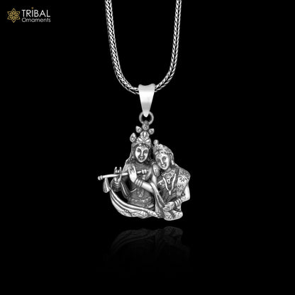 925 sterling silver Lord Radha and Krishna pendant with chain, tribal jewelry featuring intricate divine deity design.