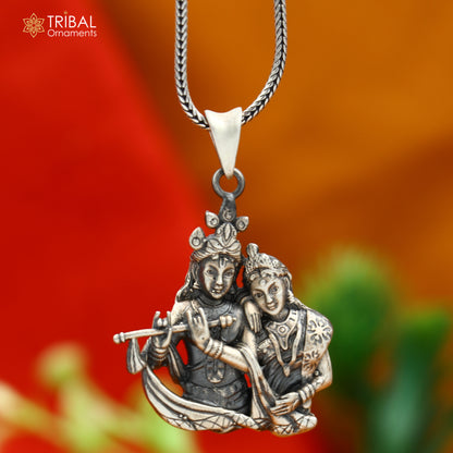 925 sterling silver Lord Radha and Krishna pendant with chain, tribal jewelry featuring intricate divine deity design.