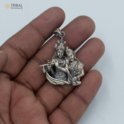Sterling silver Lord Radha & Krishna divine pendant with chain, tribal jewelry design by TRIBAL ORNAMENTS.