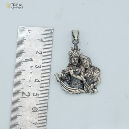 925 sterling silver Lord Radha Krishna divine pendant with chain, tribal jewelry featuring intricate tribal ornament design