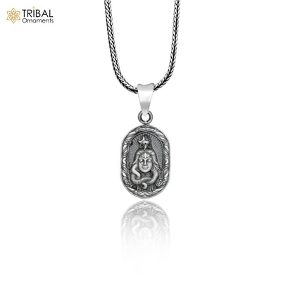 Sterling silver Lord Shiv Ji Malakal pendant with chain, tribal jewelry featuring intricate tribal ornament design.