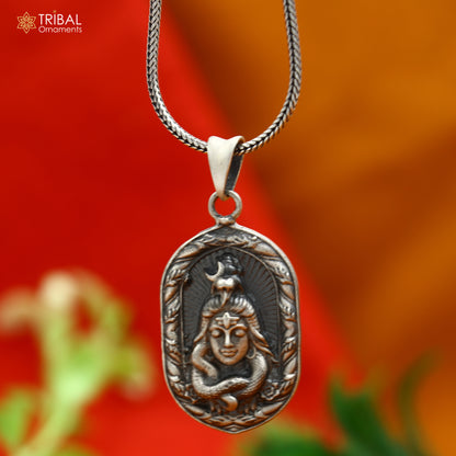 925 sterling silver Lord Shiv Ji Malakal pendant with chain, tribal jewelry featuring divine tribal design.