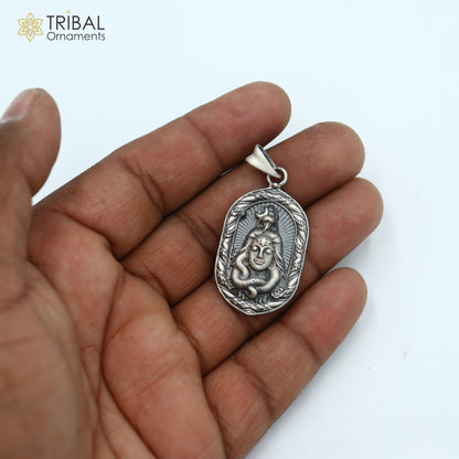 925 sterling silver Lord Shiv Ji Malakal pendant with chain, tribal jewelry featuring divine Hindu religious symbol.