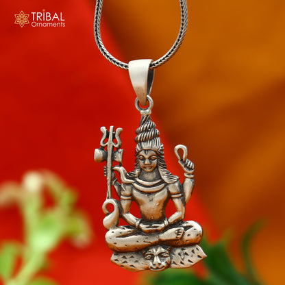 925 silver Lord Shiva pendant with chain, tribal aradhana style divine jewelry by TRIBAL ORNAMENTS.