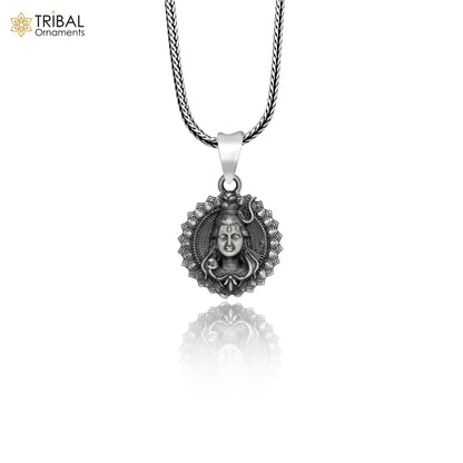 925 sterling silver Lord Shiva pendant with chain, tribal jewelry, intricate carvings, and traditional design.
