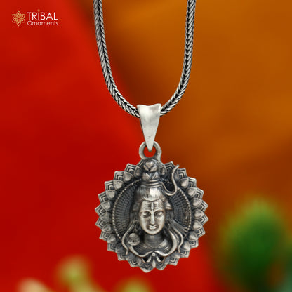 925 sterling silver Lord Shiva pendant with chain, tribal jewelry design featuring intricate tribal ornaments and craftsmanship.