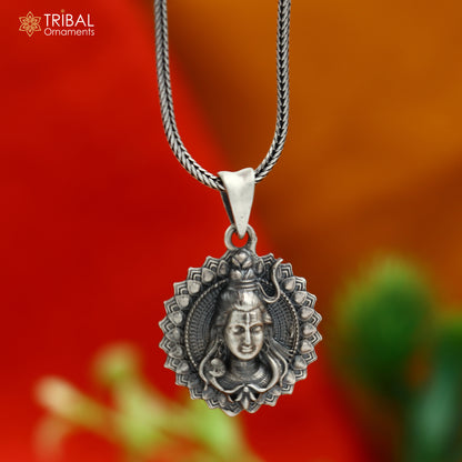 925 sterling silver Lord Shiva pendant with chain, tribal jewelry featuring intricate tribal ornaments and detailed design.