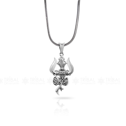 Sterling silver Lord Shiva trident pendant with vintage design, tribal ornament jewelry featuring intricate detailing.