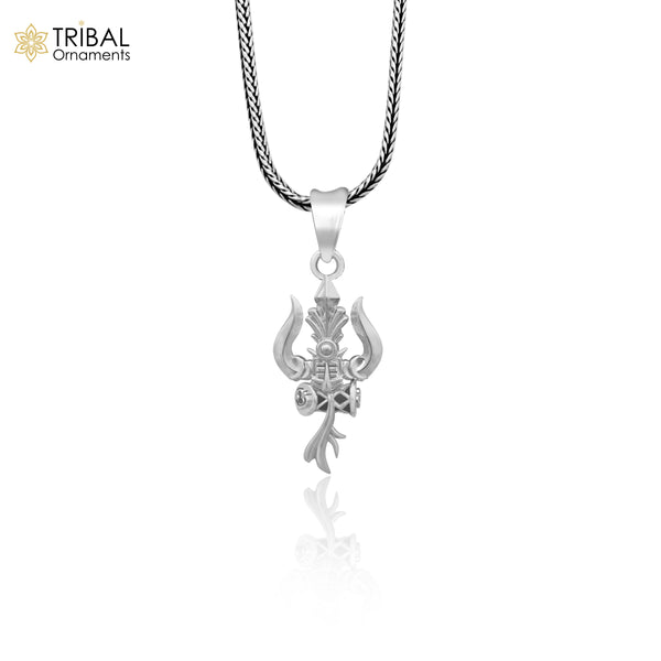 Sterling silver Lord Shiva trident pendant with vintage design, detailed tribal jewelry featuring religious symbolism.